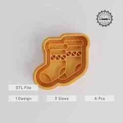 Sock Shape Cutter & Stamp for Cookies & Fondant, Christmas Stocking, Festive Baking Set, 3 Sizes, 6 Pieces