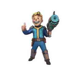 Fallout Vault Boy in a blue suit giving a thumbs up and firing a laser gun in a desert wasteland