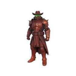 A heavily armored futuristic cowboy with a green glowing visor and skull