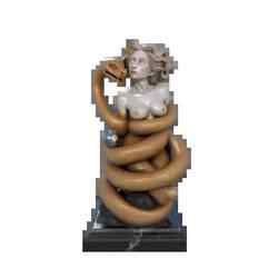 Golden Serpent's Embrace: A Striking Sculpture of a EVE Serene Woman, Showcasing Intricate Detail, Dramatic Contrast, and Elegant Alabaster Skin