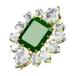 Unique Green Emerald and Pear Diamond Cluster Brooch