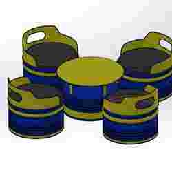 The set of tables and chairs makes use of oil barrels