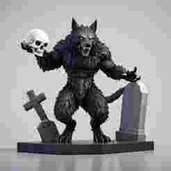 2141 Werewolf Howling with Skull - 3D Model, magic, dragon, serpent, mask, gnome, gorgon, venetian carnival, wild, fox, monster, cat, fair, witch, werewolf, horror, beast, snake, troll, skeleton dance