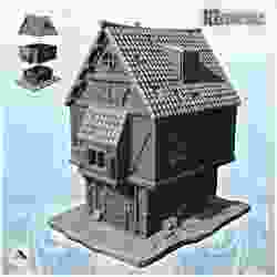 Large medieval house with tiled roof, overhanging floor and window (5) - Medieval Gothic Feudal Old Archaic Saga 28mm 15mm
