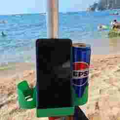 Telephone holder and soda cans for beach umbrella