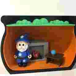 Wizard with a house as an opening cauldron